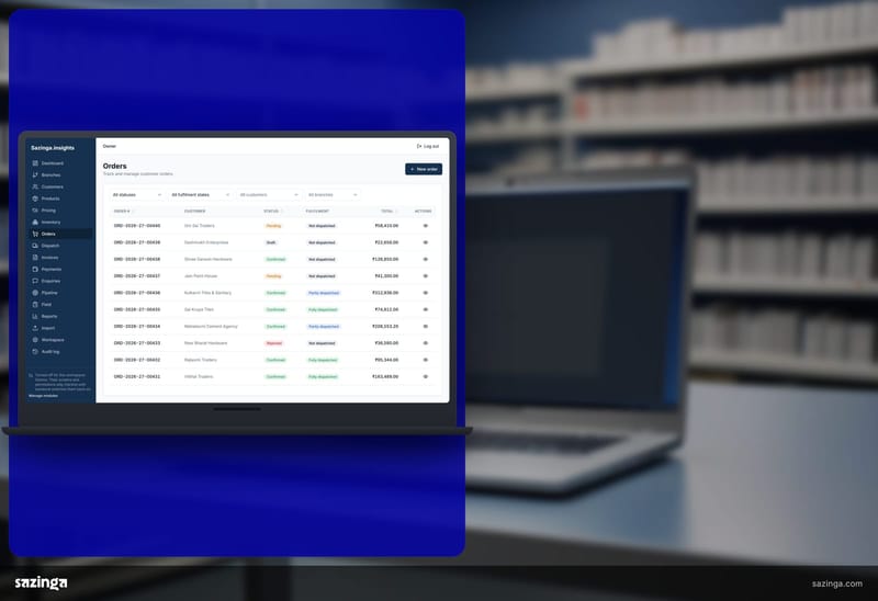 A laptop on a distributor counter in front of shelves showing the pending orders list in the Sazinga Field portal.