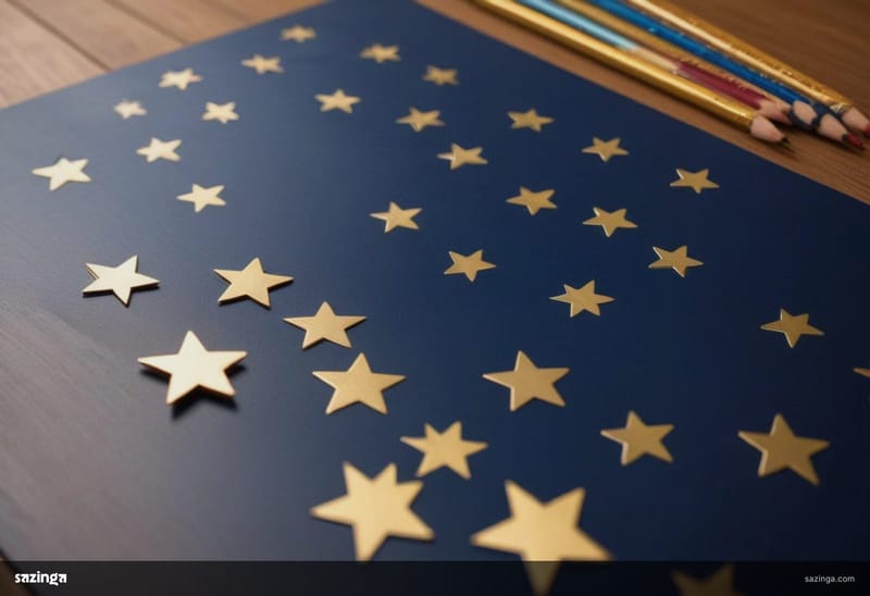 A sheet of gold star stickers on a child's desk beside a coloured pencil.