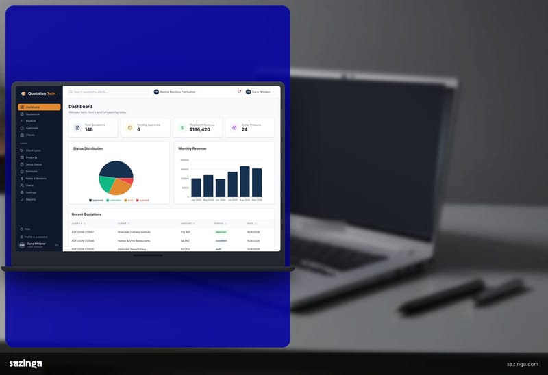 A laptop on a quiet desk showing the Sazinga Quote dashboard.