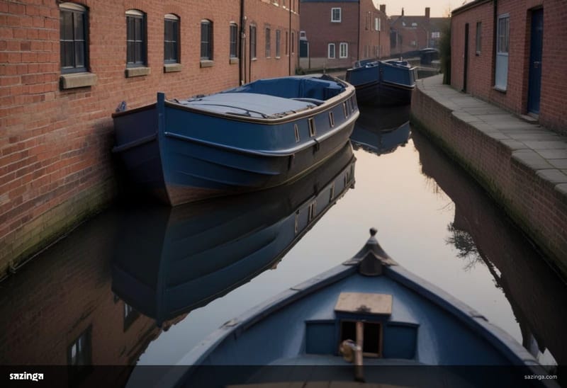 Two narrowboats stuck bow to bow in a narrow brick-walled canal at dusk.