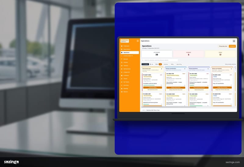 A desktop monitor in a hire office showing the operations board in Sazinga Rentals.