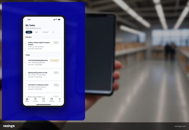 A field worker in a warehouse looking at the My Tasks screen in Sazinga Field on a phone, where a shift is started and ended.