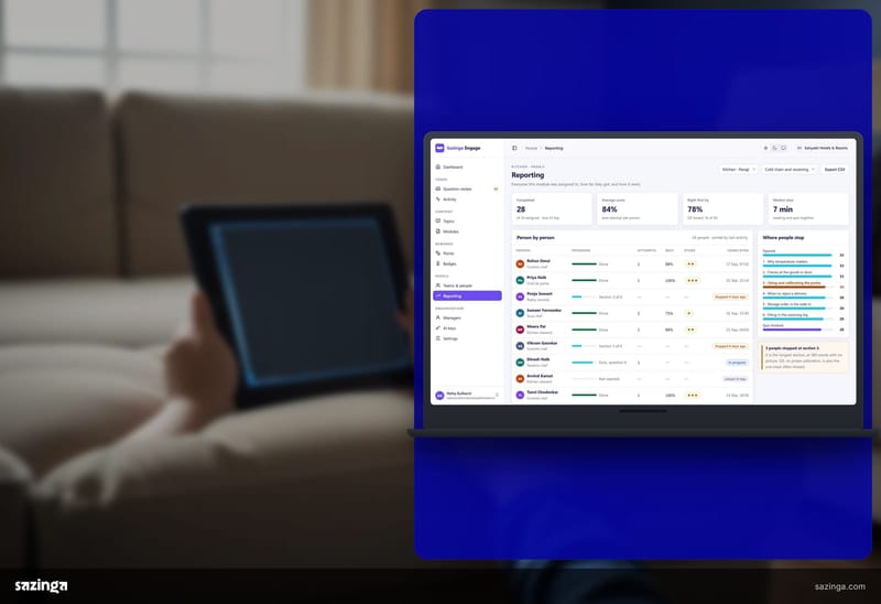 A child's hands holding a tablet on a sofa showing the Sazinga Engage reporting screen.