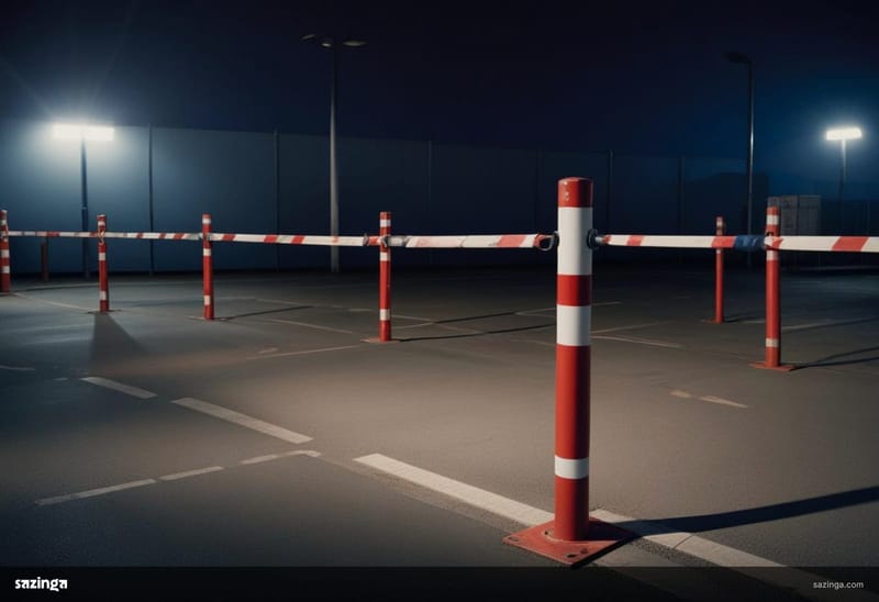 A striped barrier pole lowered across the entrance to an empty car park at dusk.