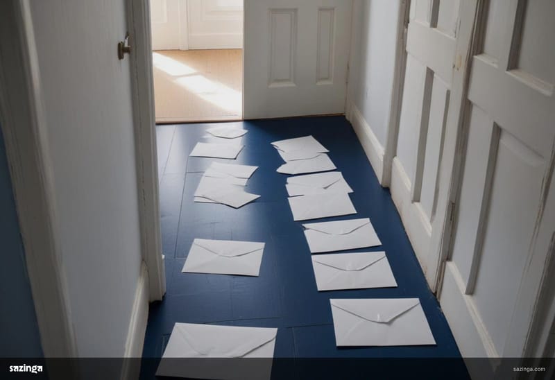 A hallway floor covered in a drift of identical blank white envelopes beside a door.