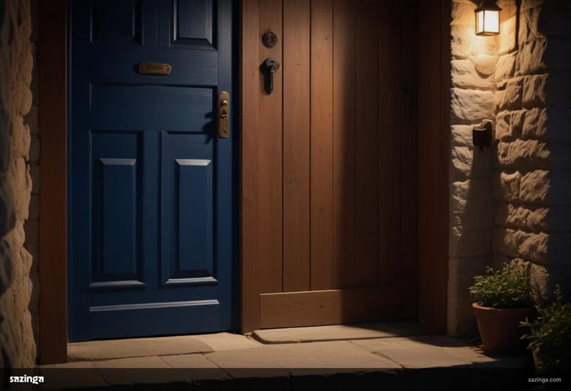 A wooden front door left ajar at night with a key in the lock and warm light on the step.