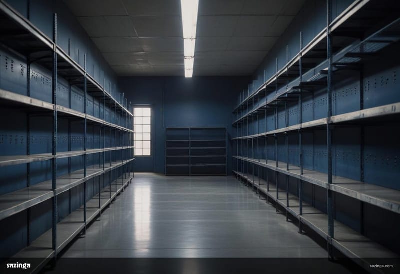 A long archive room lined with completely empty steel shelving and a bare concrete floor.