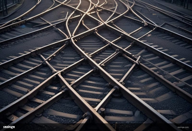 A close-up of a railway junction where many steel tracks cross at odd angles.