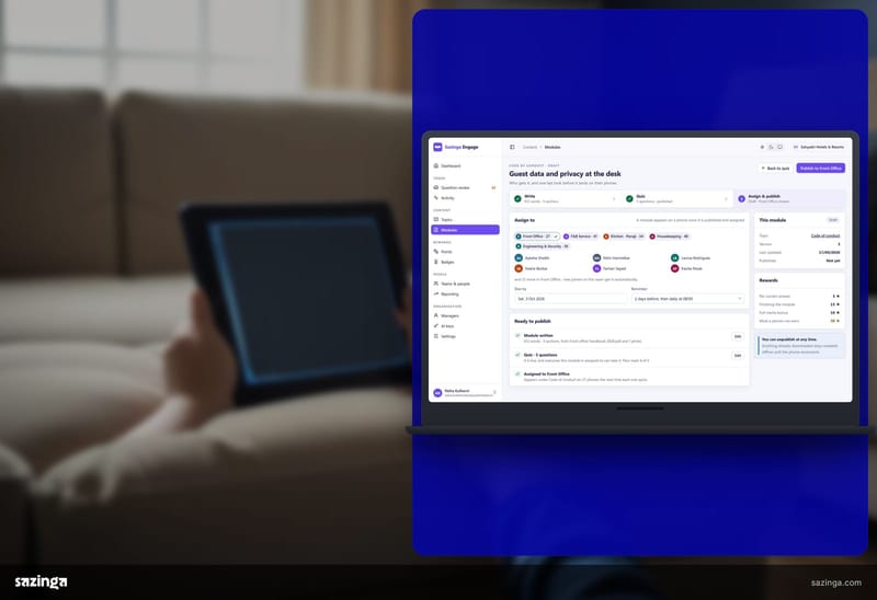 A child's hands holding a tablet on a sofa showing the Sazinga Engage assign and publish screen.