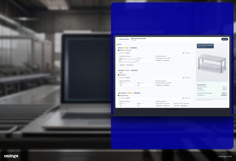 A laptop on a steel rack in a fabrication hall showing the product designer in Sazinga Quote.