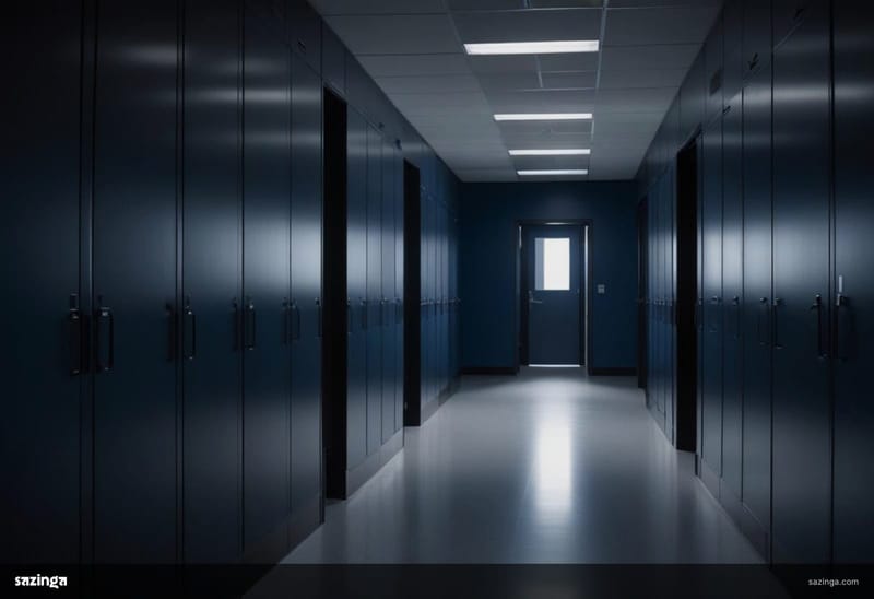 A dim corridor of tall closed black cabinets in a computer hall lit in cool blue.
