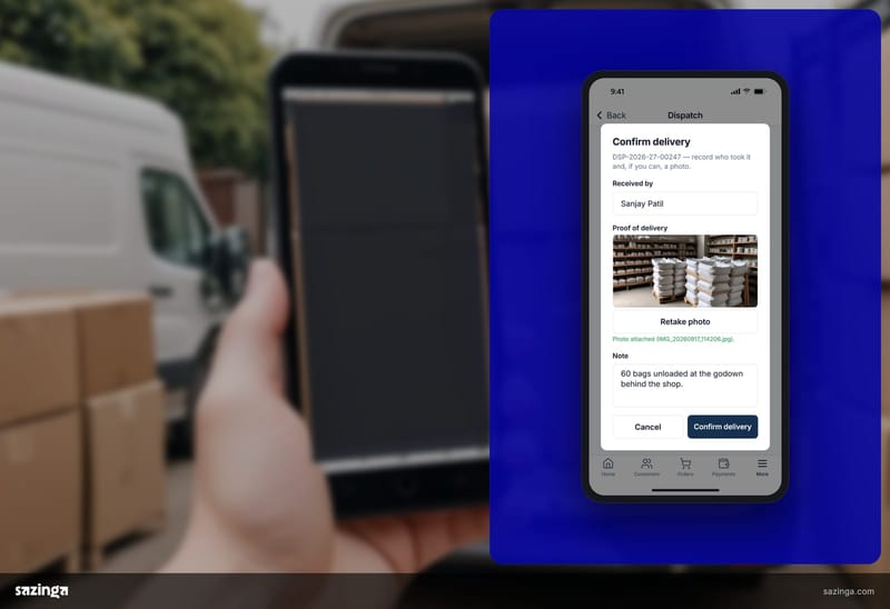 A phone at the tail of a delivery van; beside it the Sazinga Field app confirm-delivery sheet with receiver, photo and note.