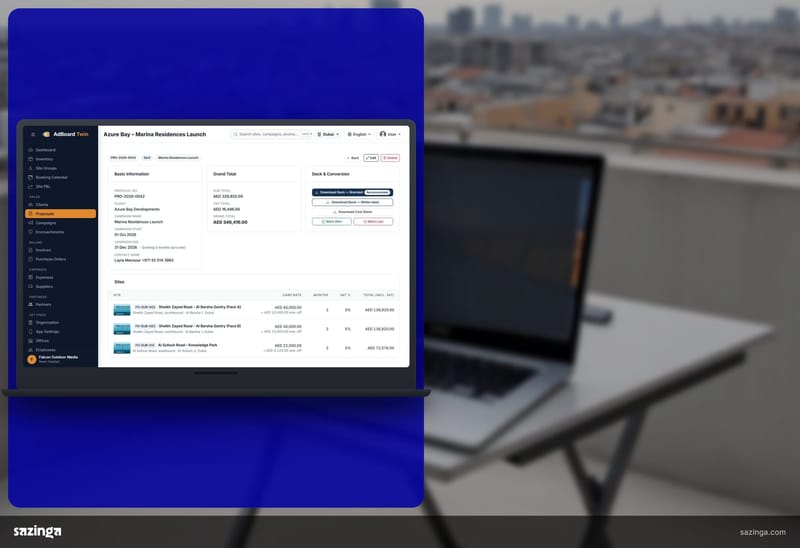 A laptop on an outdoor media operator's desk; beside it the Sazinga AdBoard proposal screen with priced sites.