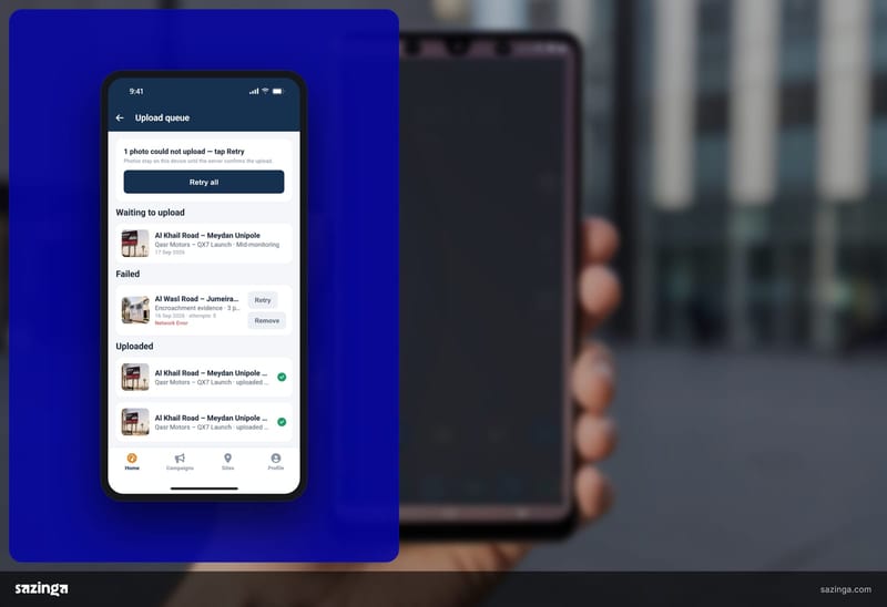A hand holding a phone outdoors; beside it the Sazinga AdBoard field app upload queue.