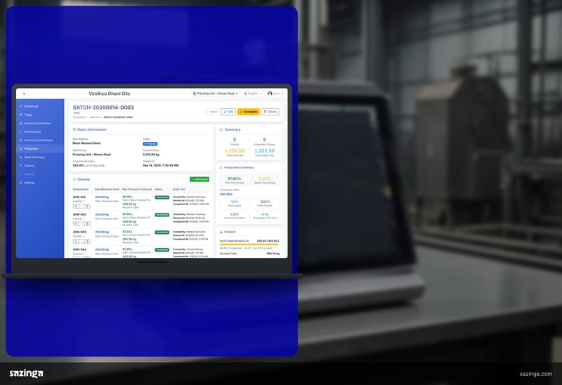 A screen at the weighing bench of an oil mill; beside it the Sazinga Factory batch yield screen with oil and cake output per press run.