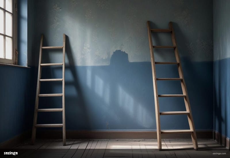 A wall half stripped of old wallpaper to reveal fresh paint, with a wooden stepladder in front of it.