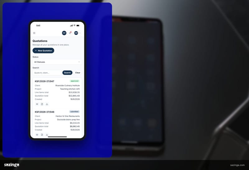 A phone lying face up on a brushed steel workbench; beside it the Sazinga Quote quotations register, one card per quote with status and total.