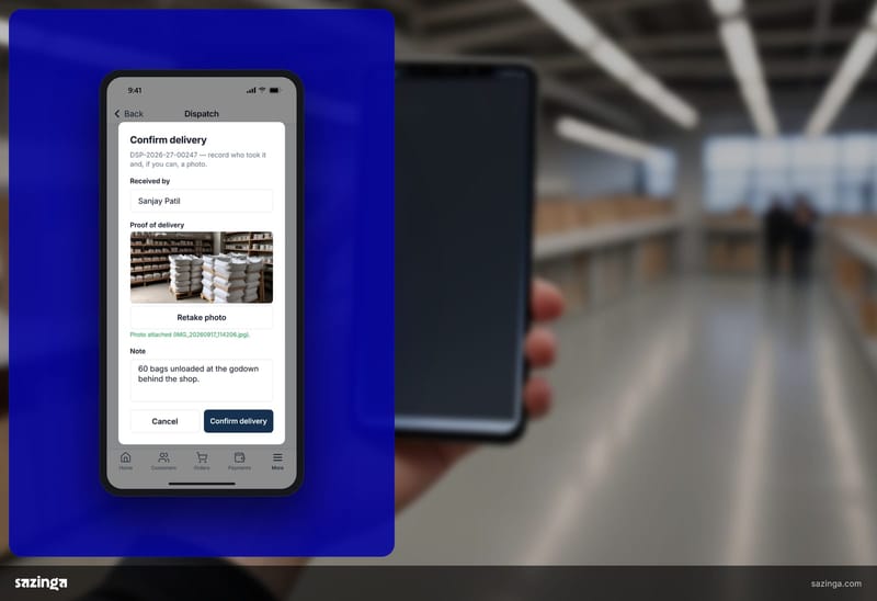 A field worker in a warehouse holding a phone showing the proof-of-delivery screen in Sazinga Field, records syncing over poor signal.