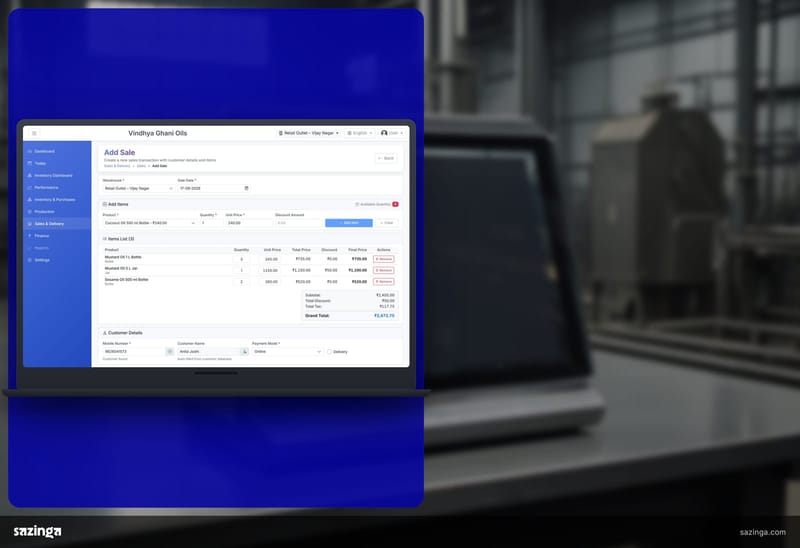 A tablet on a stand in a plant showing the Add Sale screen in Sazinga Factory.