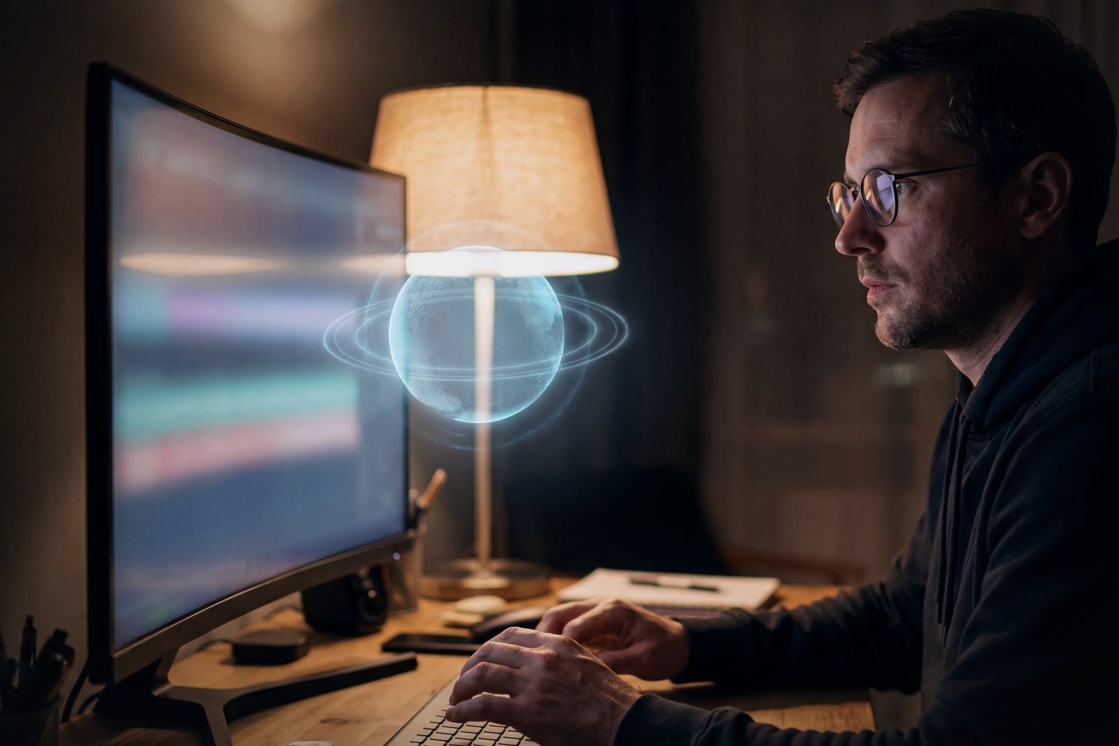 A developer at a monitor late in the evening with an AI assistant beside the screen