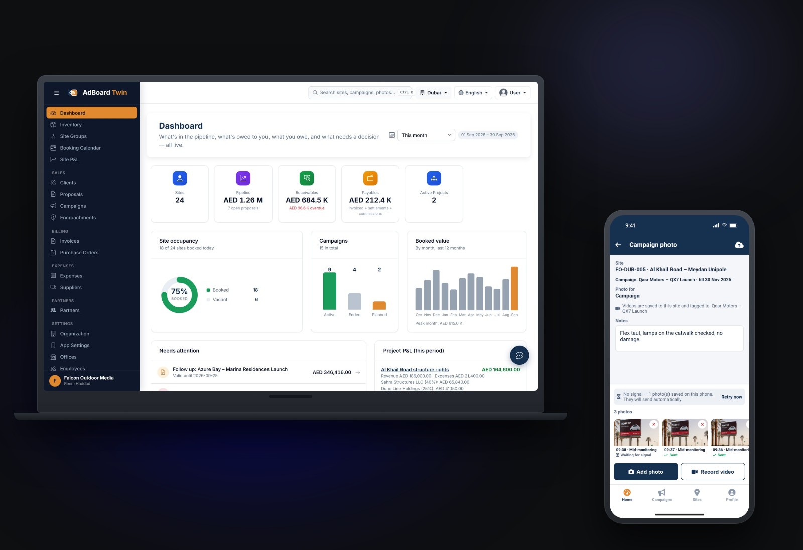 The AdBoard dashboard on a laptop - site occupancy, campaigns in flight and the amounts owed - beside the field app on a phone, capturing a campaign photograph with one image still queued because the phone has no signal