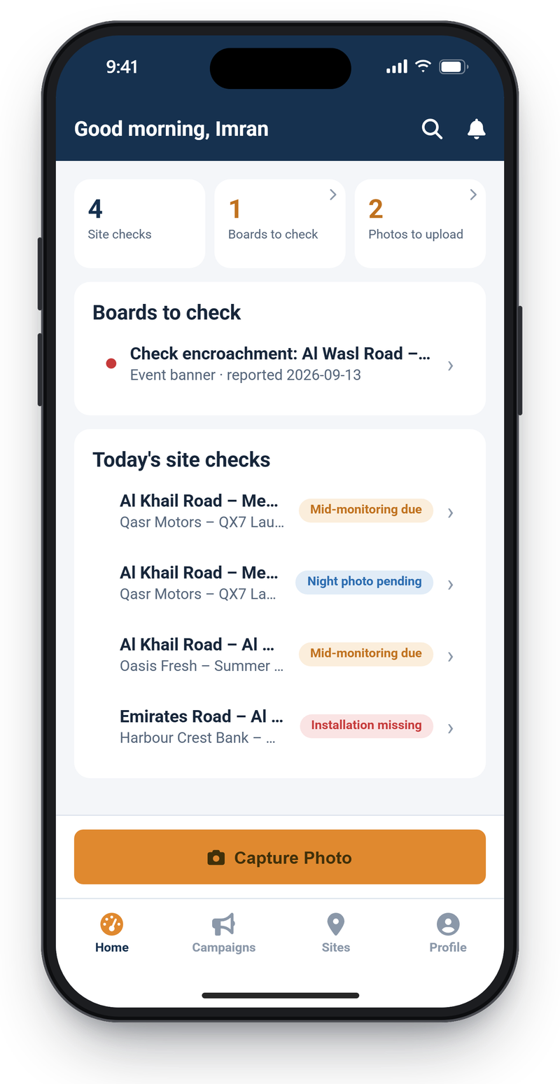 AdBoard field app home screen listing today's site checks with mid-monitoring, night photo and installation chips, and a Capture Photo button