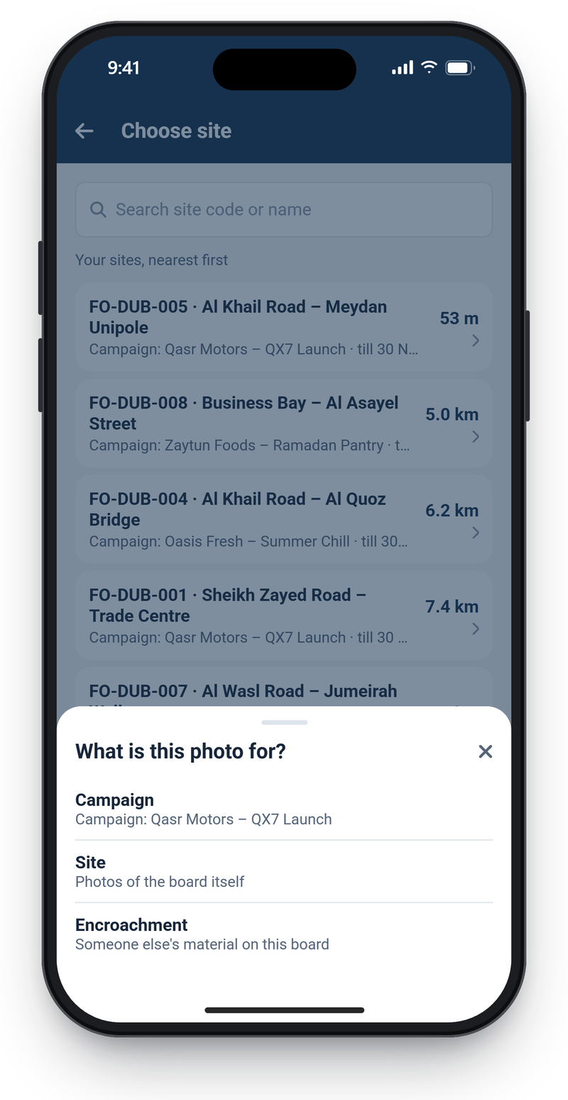 AdBoard field app listing allocated sites nearest first with distances, and a sheet asking whether the photo is for the campaign, the site or an encroachment