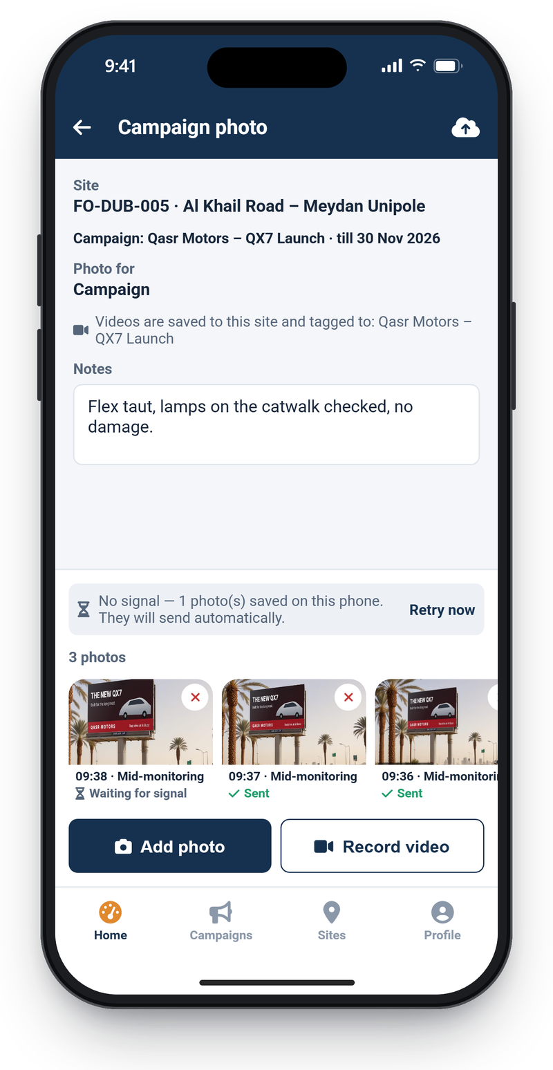 AdBoard field app capture screen for a campaign photo with three stamped shots, one waiting for signal and two sent