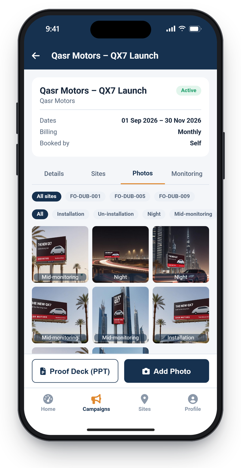 AdBoard field app campaign screen with site and category filters and a grid of proof photos tagged Installation, Night and Mid-monitoring