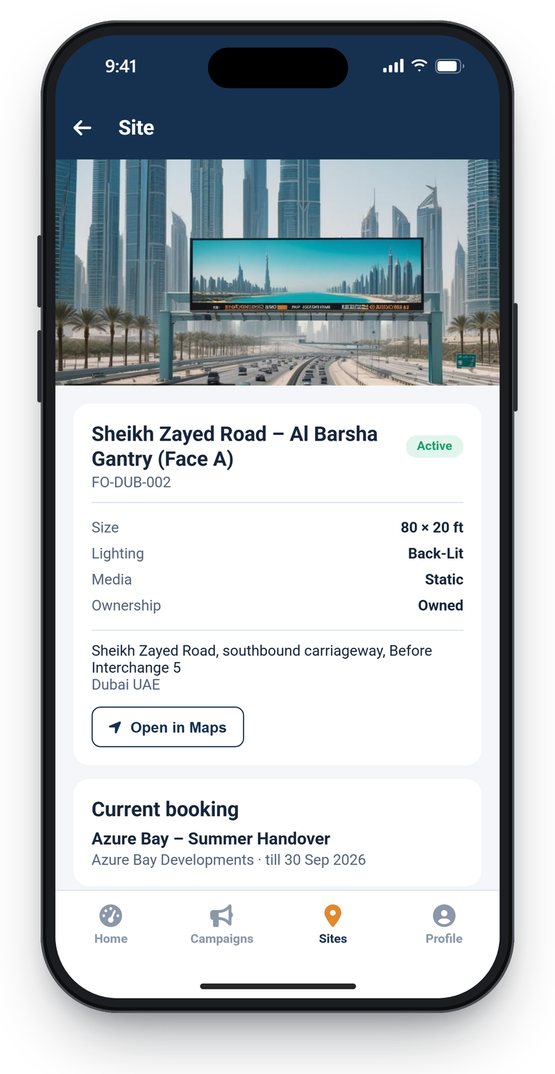 AdBoard field app site screen for a gantry on Sheikh Zayed Road with its photo, size, lighting, ownership, address and current booking