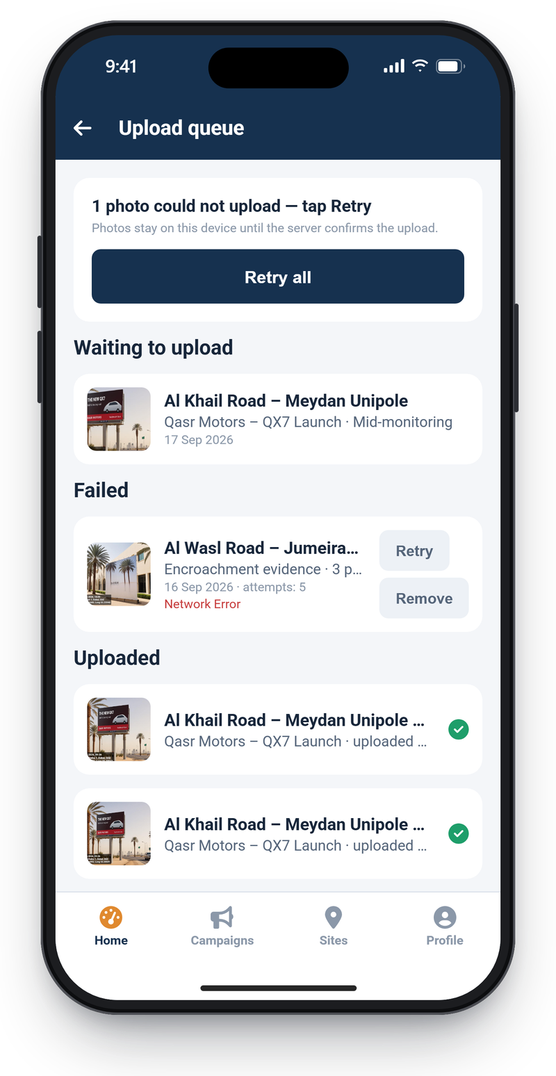AdBoard field app upload queue showing one photo waiting, one encroachment report that failed after five attempts, and uploaded photos