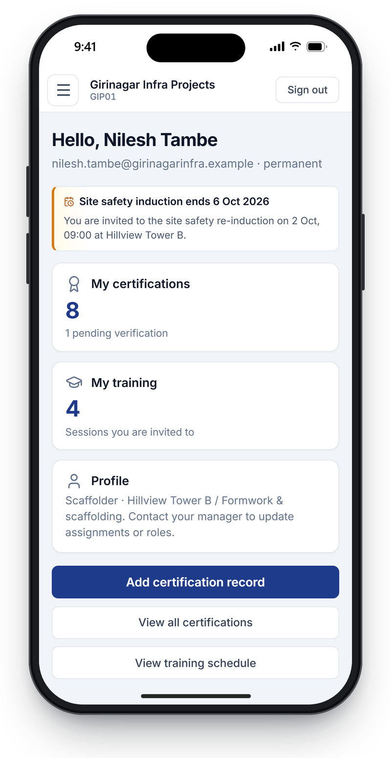 Worker self-service home on a phone, showing an alert that a site safety induction expires next month and counts of certifications and training sessions