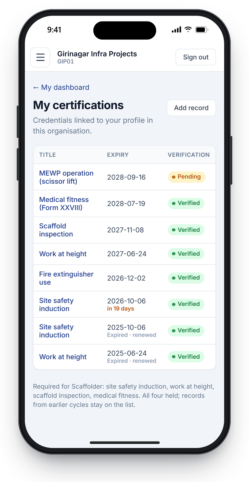 List of a worker's certifications on a phone with expiry dates and verification status, including one pending record and two expired records kept after renewal