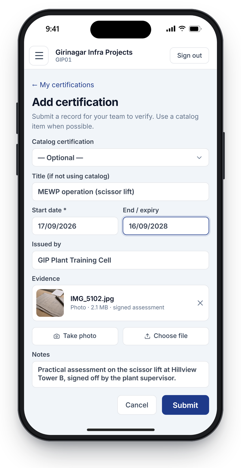 Add certification form on a phone with title, start and expiry dates, issuing training cell, an attached photograph of a signed assessment sheet and notes