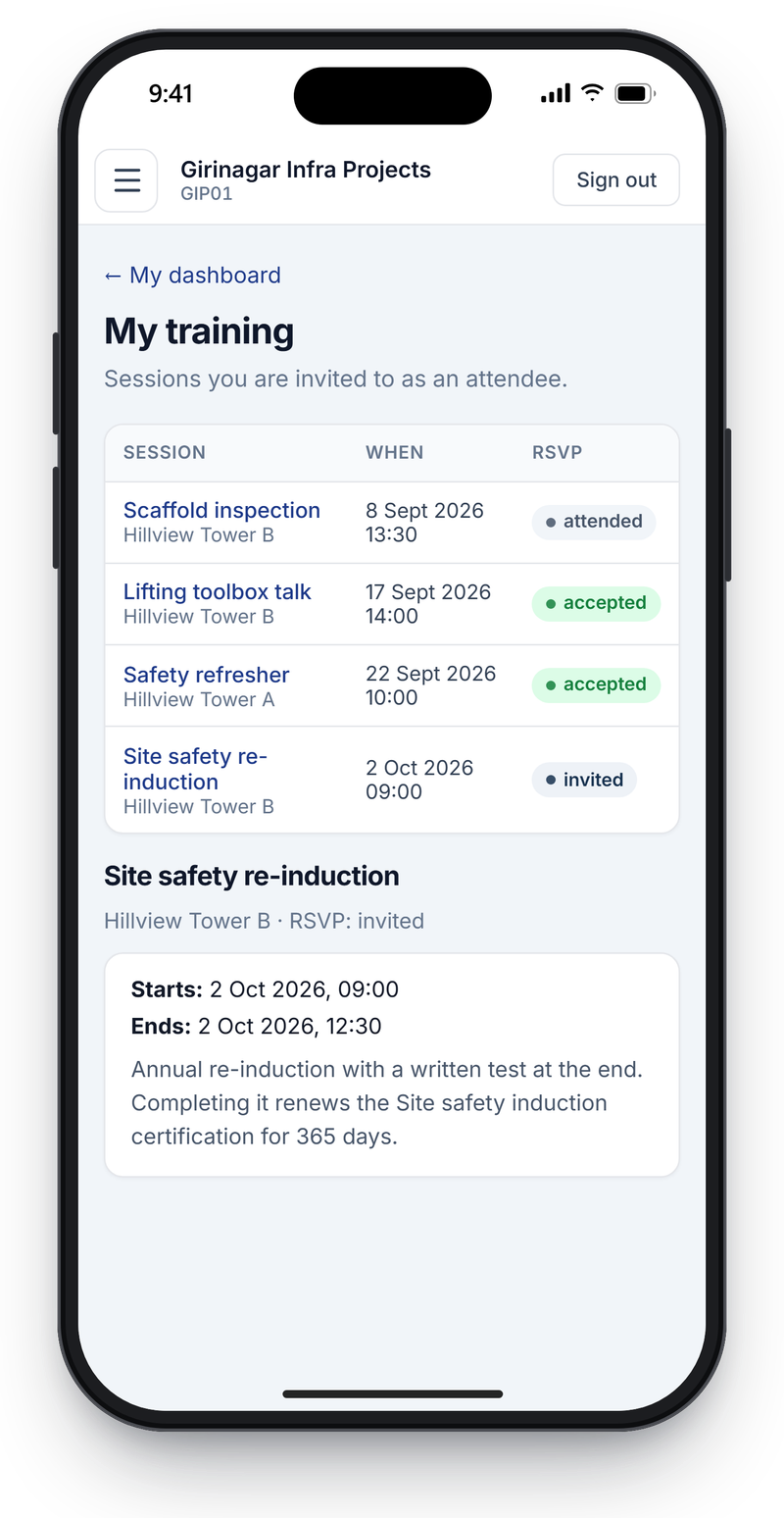 Training sessions a worker is invited to, with site, date and RSVP status, and the details of the next session