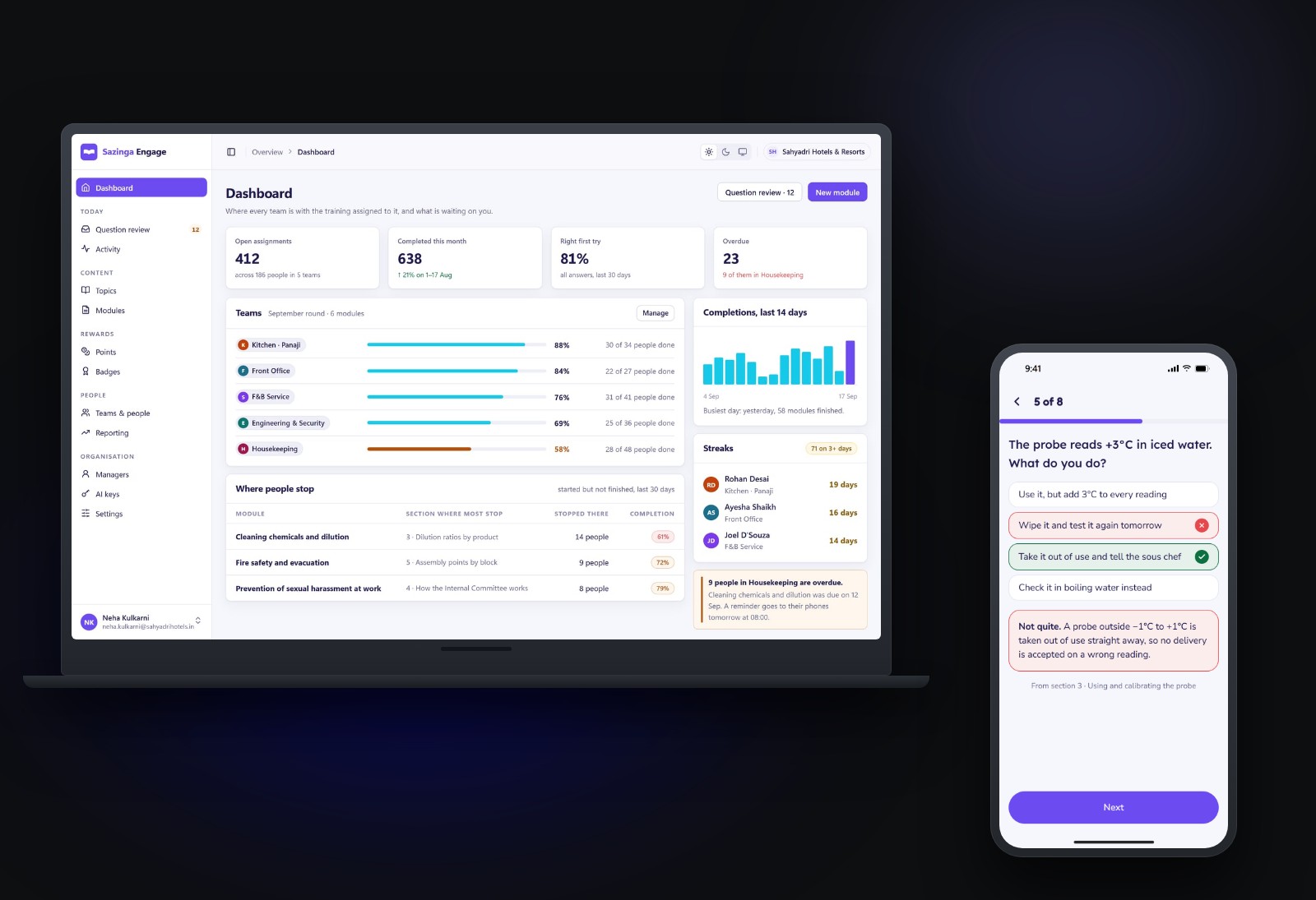 The Engage manager dashboard on a laptop — completion by team, overdue assignments and the section of each module where people stop reading — beside a module question on a phone, marked immediately with the explanation taken from the section it came from