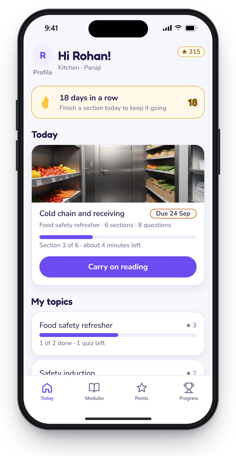 Engage employee app home screen with a points balance, an 18-day streak, the module due next with its progress bar, and progress by topic