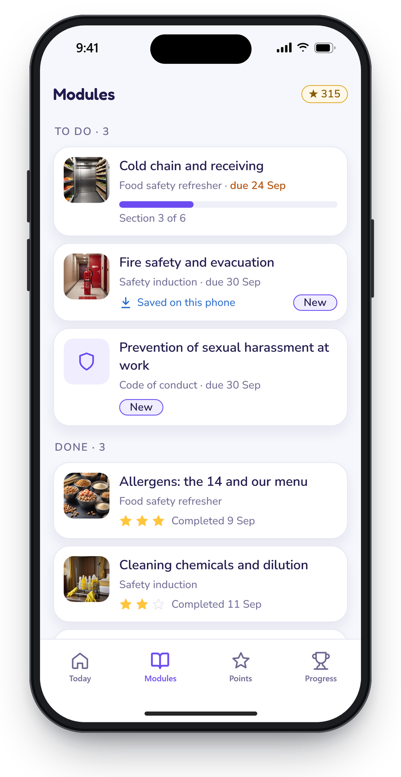 Engage module list on a phone, split into to-do modules with due dates and completed modules with star ratings