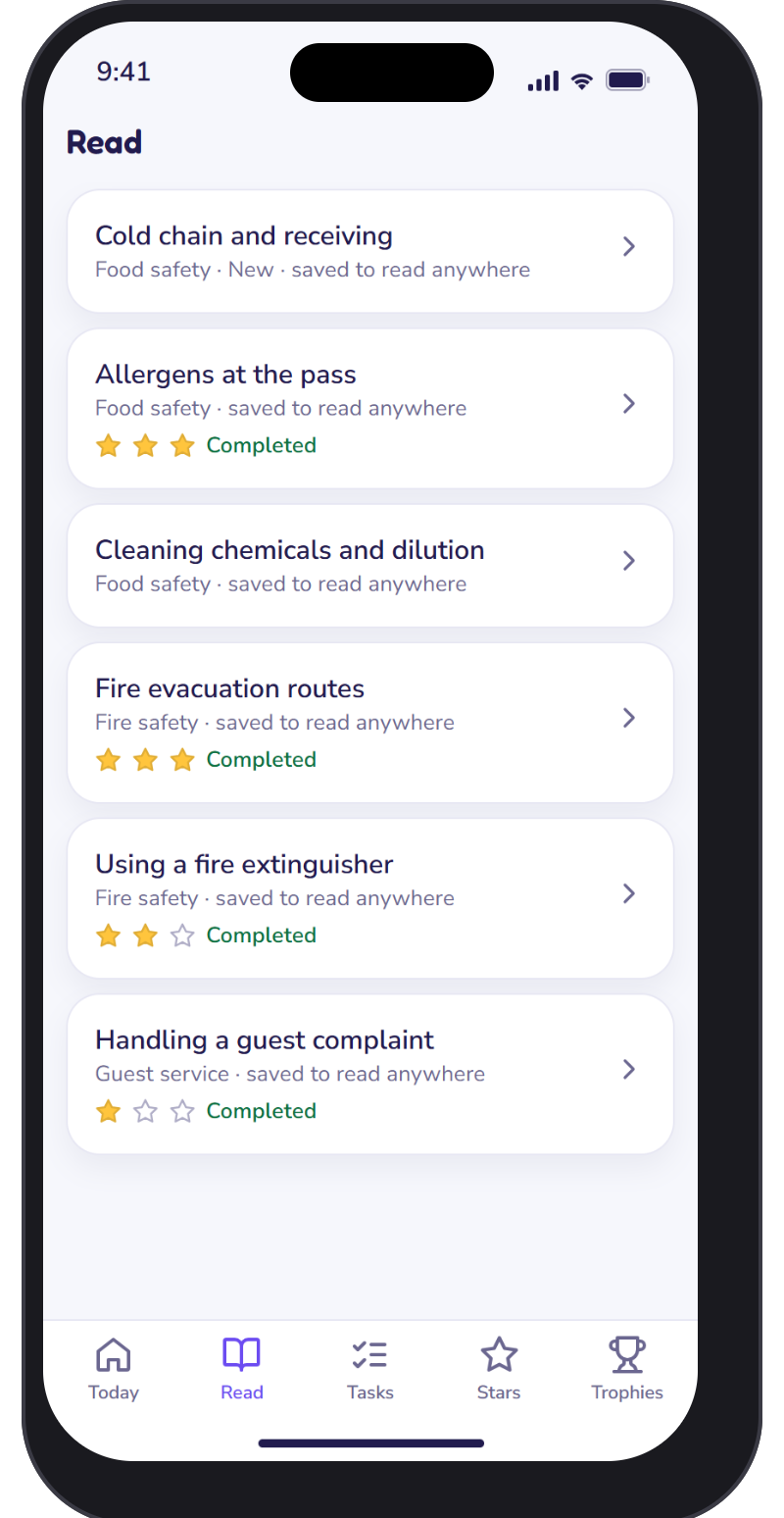 Engage lesson list on a phone with each lesson saved to read anywhere and the stars earned on finished ones