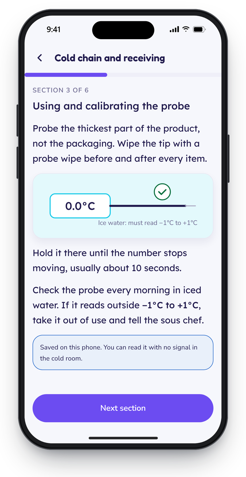 Engage reader showing section 3 of a cold chain module on probe calibration, with a diagram, a progress bar and a next-section button