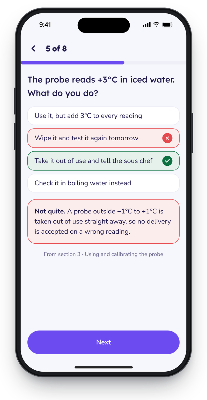 Engage quiz question 5 of 8 with the chosen wrong answer marked in red, the correct answer marked in green and an explanation below