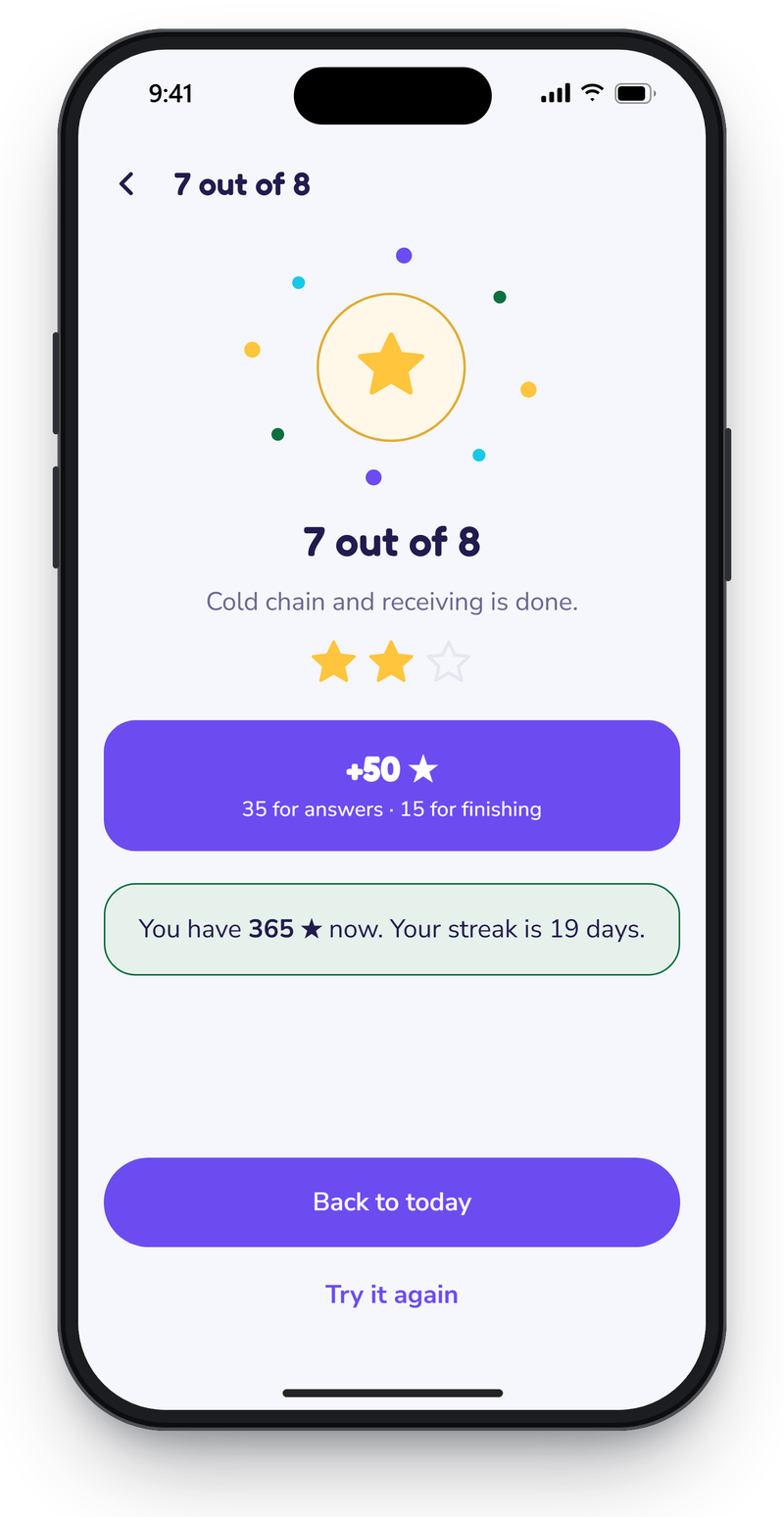 Engage results screen showing 7 out of 8, two of three stars, 50 points added and the new balance of 365 points