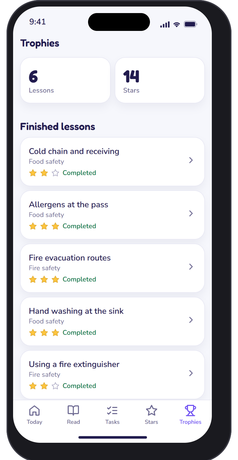 Engage trophies screen with lessons finished, stars earned and the list of finished lessons with their stars