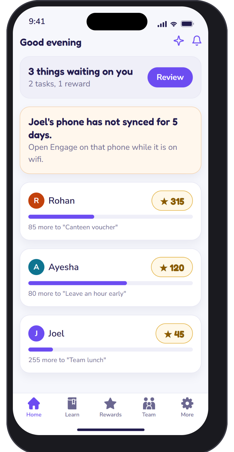 Engage manager app home with things waiting for review, a phone that has stopped syncing, and each person's points towards a goal