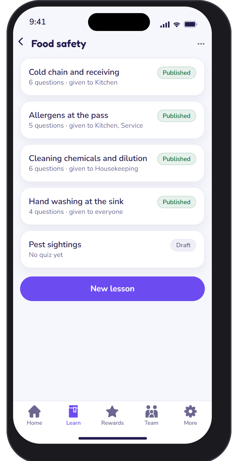 Engage manager app subject screen listing lessons with their published or draft status, quiz size and who they are given to