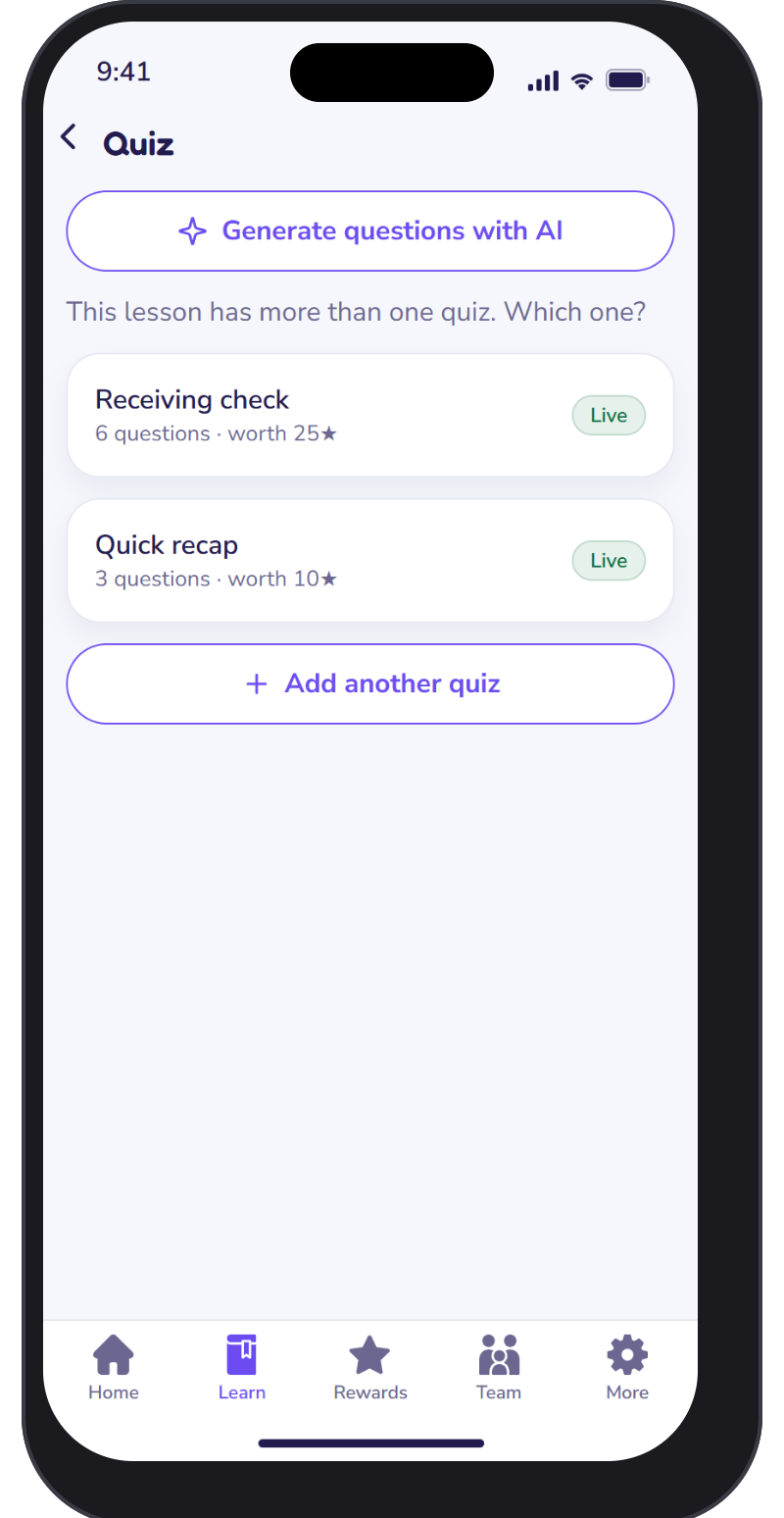 Engage manager app quiz screen with a generate questions with AI button and two live quizzes for one lesson