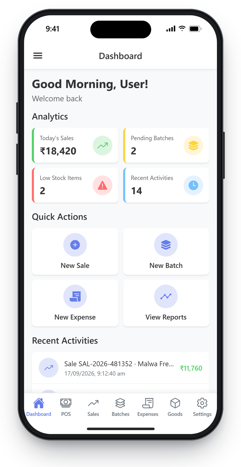 Cold Press ERP mobile app dashboard with today's sales, pending batches, low stock and recent activity counts, quick actions and a recent activity list