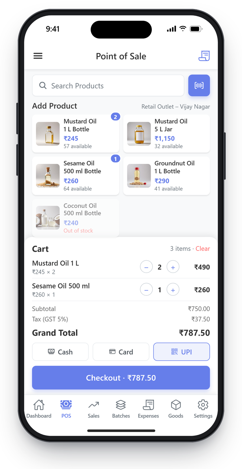 Mobile point of sale with oil products, stock available per product, a cart of two lines, GST and a UPI payment option