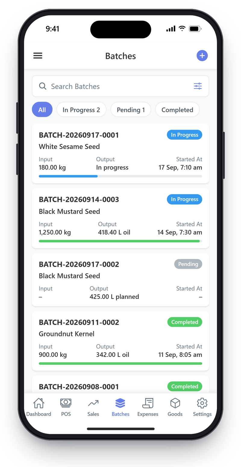 Mobile list of production batches with status, seed input, oil output and start time