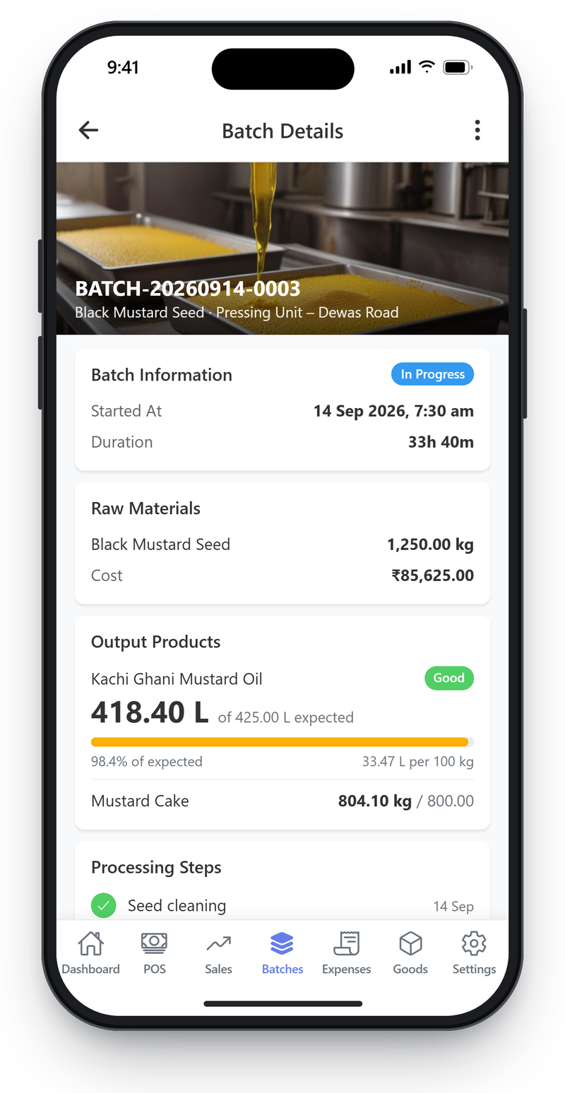 Mobile batch details for BATCH-20260914-0003 with seed input and cost, oil output against expected, cake output and processing steps